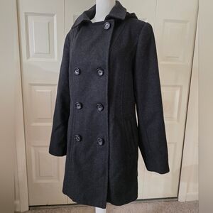 Nautica charcoal gray double breasted pea coat w/ removable hood L